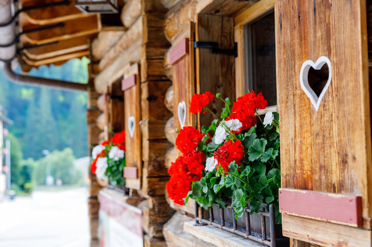 Berghütte mit roten und weisen Blumen im Fenster. Türladen mit Herzloch